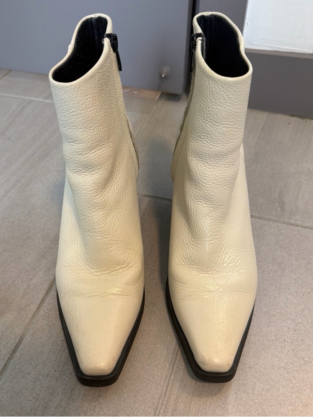 Cream Leather Pointed Toe Ankle Booties